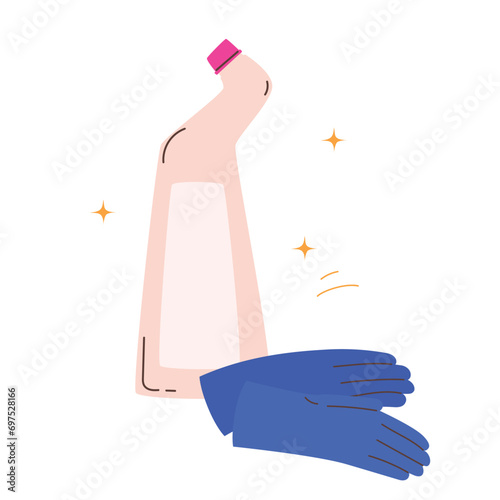 Cleaning tools - bottle with household chemicals and rubber gloves. Modern flat vector illustration isolated on white background