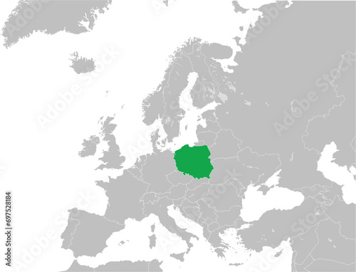 Green CMYK national map of POLAND inside detailed gray blank political map of European continent with lakes on transparent background using Mercator projection