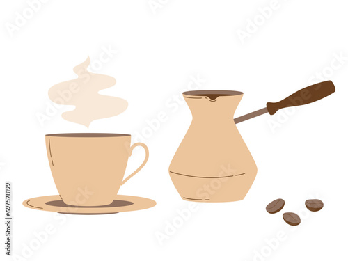 A turk and a coffee cup with a steam. Modern flat vector illustration isolated on white background