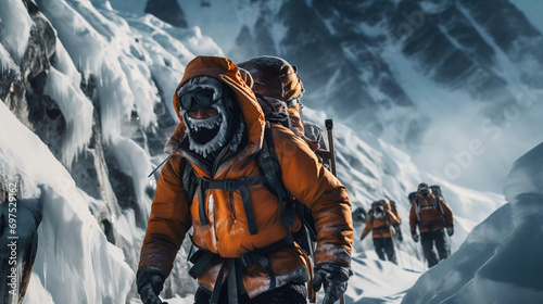 close up of a group of people on the way to the peak of mount everest with full equipment 