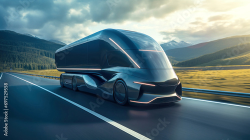 Stunning image of an electric semi-trailer driving down a highway during sunset. A futuristic truck is driving along the highway. The concept of road transport in the future. © Anoo