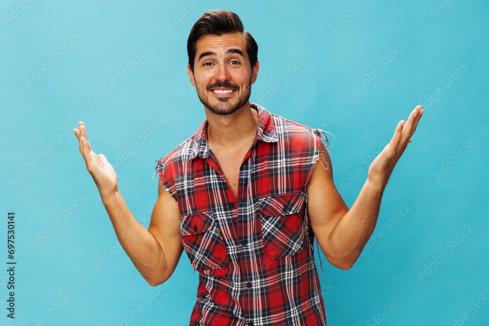 Man guy crossed confident shirt smile trendy travel arm blue attractive plaid friendly happy background Man guy crossed confident shirt smile trendy travel arm blue attractive plaid friendly happy background