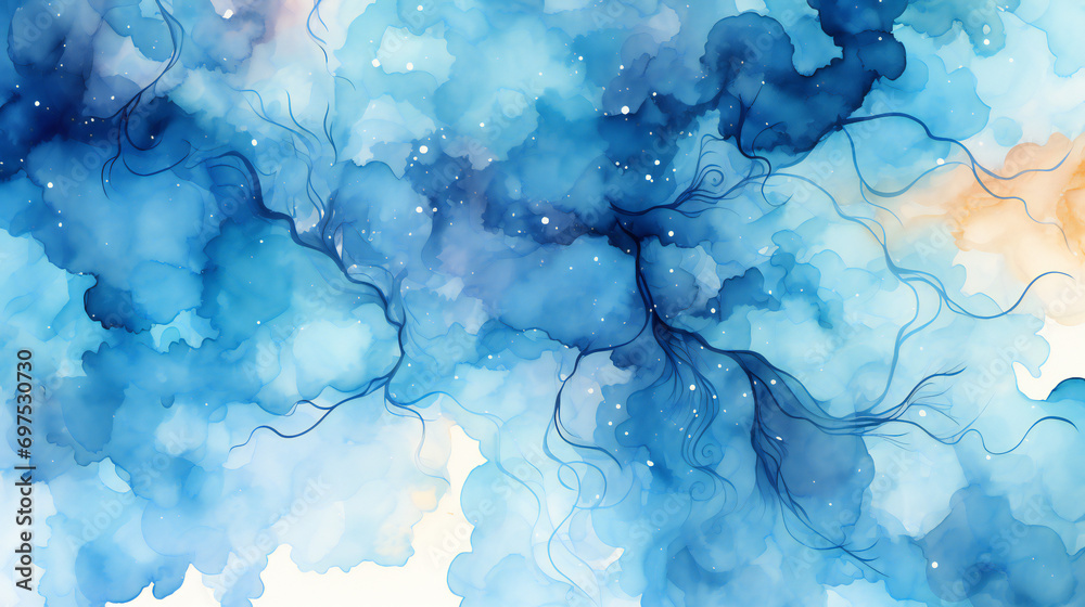 Blue Abstract Elegance: A Vivid Ink Painting on Textured Paper with Artistic Splashes