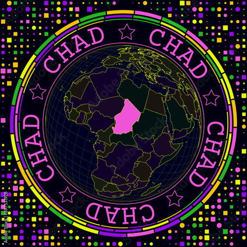 Futuristic Chad on globe. Bright neon satellite view of the world centered on Chad. Geographical illustration with the shape of the country and geometric background. Attractive vector illustration.