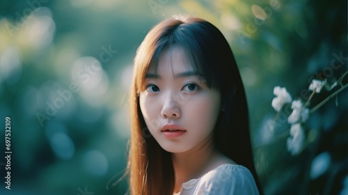 A 23-year-old beautiful girl captured in a movie-like moment, shot with Kodak Portra 400 film, featuring soft light that enhances her best quality.