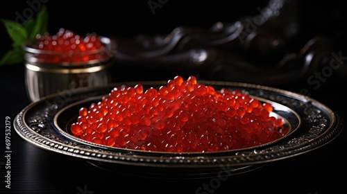 Red caviar in a dark plate on the table in a restaurant. Gourmet cuisine, restaurant appetizer. photo
