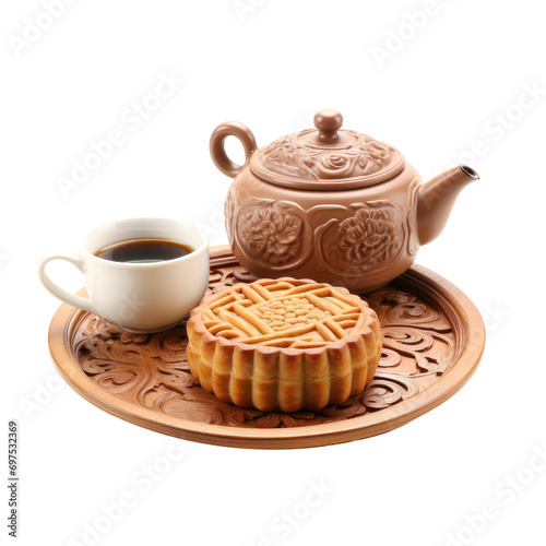 mooncake and tea pot for chinese new year celebreation isolated on white or transparent background photo