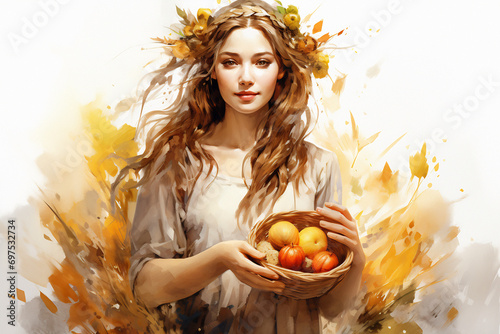 Demeter goddess holding crops, the bountiful provider in ancient Greece. Generative AI illustration.

 photo