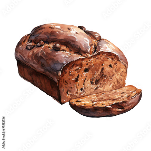 chocolate bread loaf watercolor illustration isolated on white or transparent background