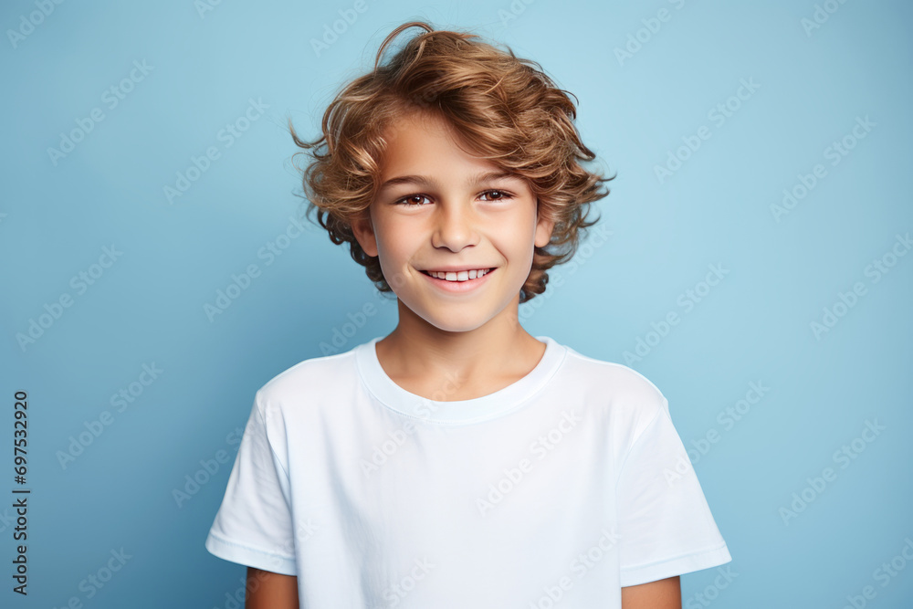 Caucasian smiling boy studio portrait, simple background. AI generative Caucasian smiling boy studio portrait, simple background. AI generative