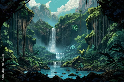 8-bit style artwork depicting a waterfall in a tropical forest. Generative AI © James