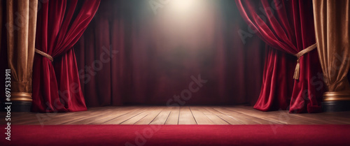 A single spotlight shines on an empty stage with red curtains, creating a dramatic and elegant scene. photo