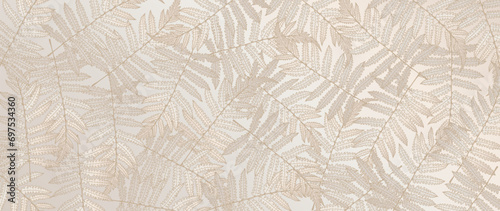 Beige delicate botanical background with fern branches. Botanical card, poster, banner, cover.