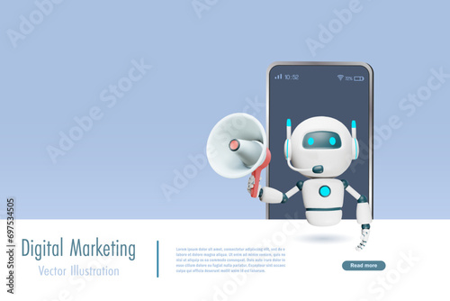 AI chat bot holding megaphone on smartphone screen. Artificial intelligence robot technology in digital marketing and social media concept. 3D vector. cartoon character. 