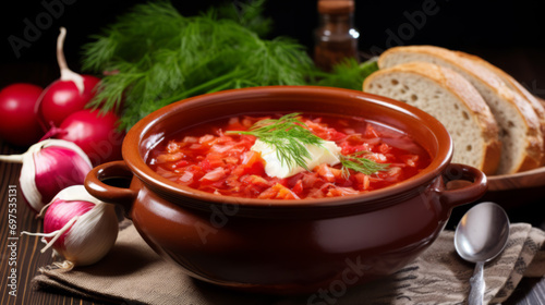 Bowl with tasty red borscht soup. photo