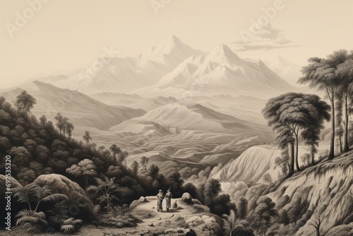 Engraving portraying a scenic panorama of the Orizaba valley in Mexico. Generative AI photo