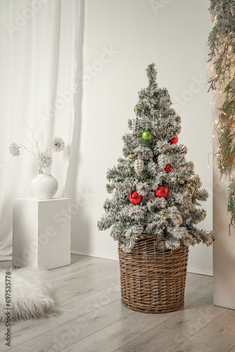 New Year's toys under the Christmas tree with a huge number of lanterns and lights, with a New Year's atmosphere of a fairy tale and Christmas