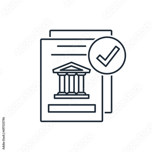 Bank documents marked with a check mark. Financial agreement, confirmation.  Vector linear icon illustration isolated on white background.