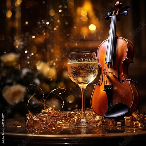 Musical image of an event with violin and glass of champagne