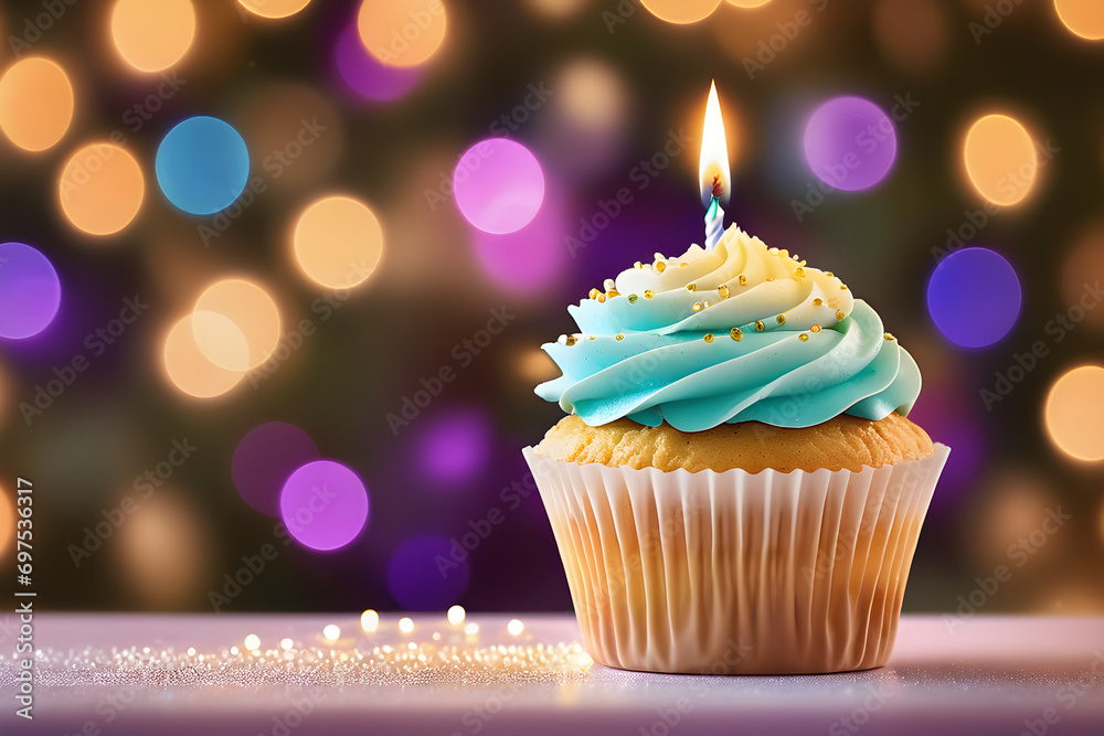 A candle on top of a cupcake, simple party background. Generative AI A candle on top of a cupcake, simple party background. Generative AI