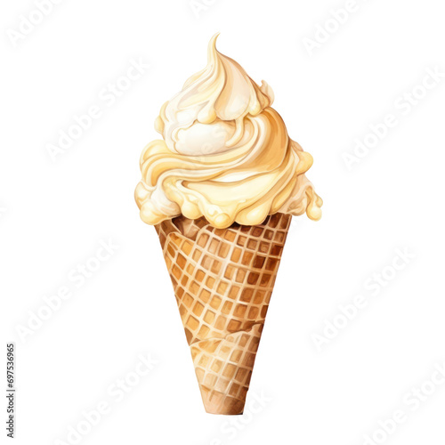 vanilla ice cream cone watercolor illustration isolated on white or transparent background