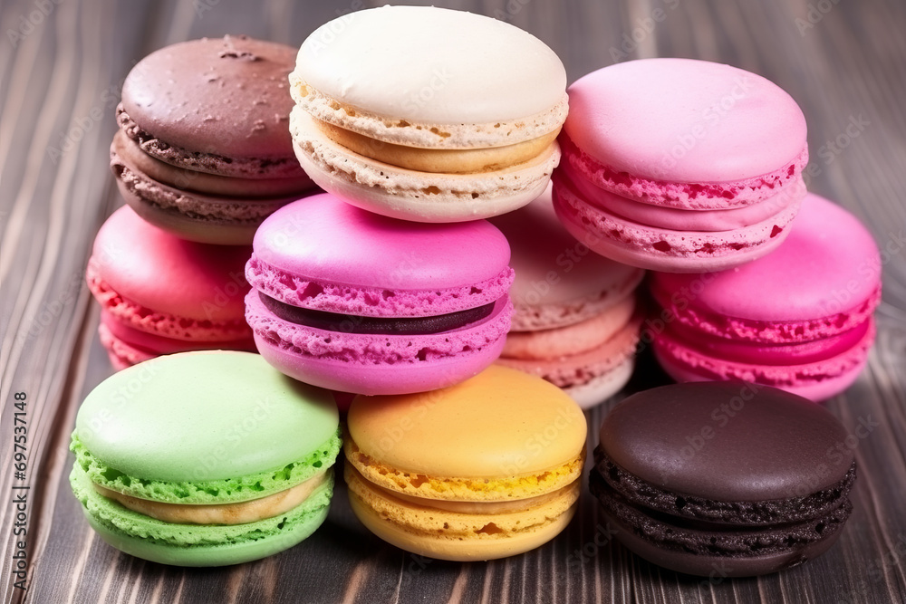 Close up of a pile of an assortment of colorful macaroons on a wooden table. Shallow depth of field Close up of a pile of an assortment of colorful macaroons on a wooden table. Shallow depth of field