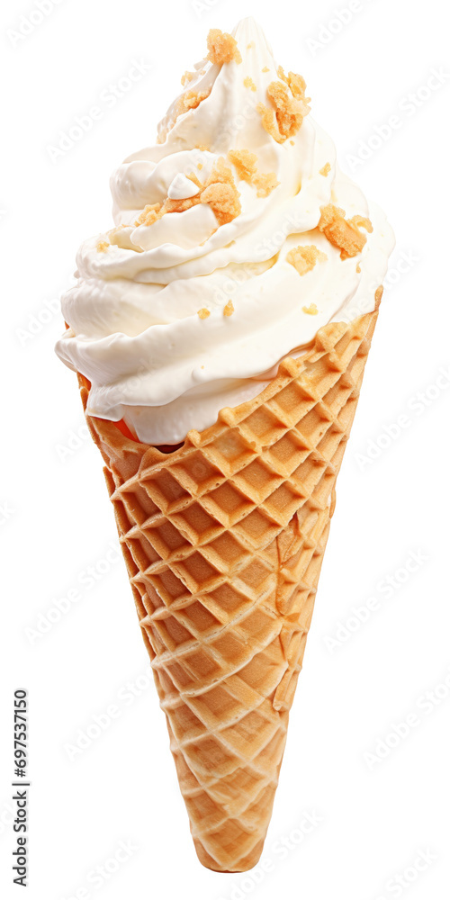 Close up view of a Vanilla ice cream in waffle cone, isolated on transparent background Close up view of a Vanilla ice cream in waffle cone, isolated on transparent background