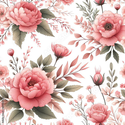 Seamless watercolor floral pattern - pink blush flowers elements, green leaves branches