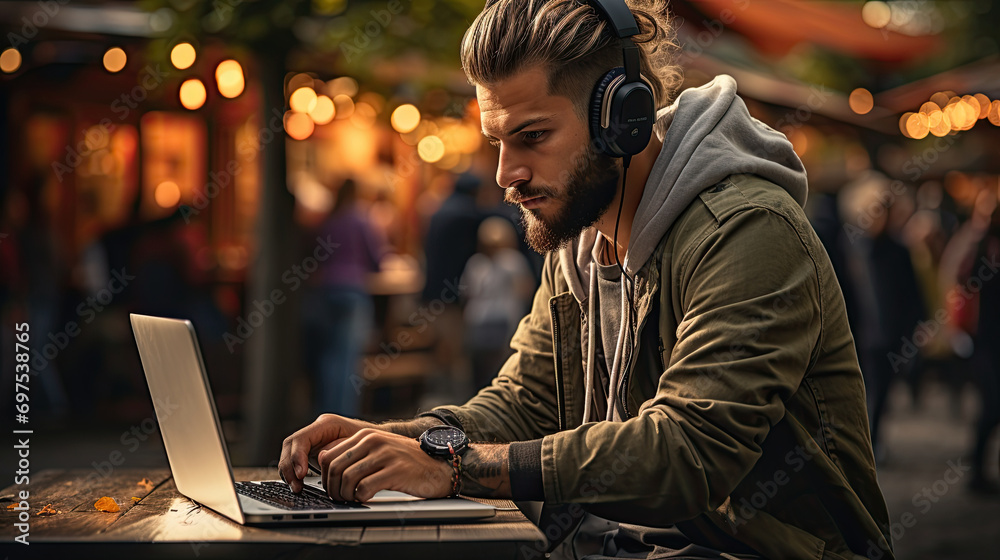 Hipster with headphones typing on laptop in internet cafe Hipster with headphones typing on laptop in internet cafe