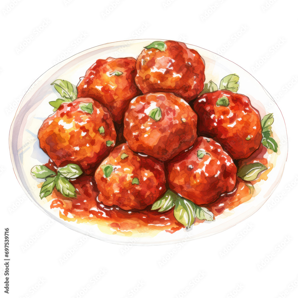 Φωτογραφία plate of meatballs watercolor illustration isolated on white or transparent back