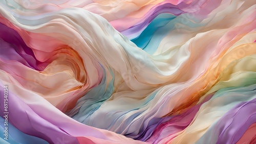 Mesmerizing image showcasing iridescent folds dancing against a soft pastel background with a gentle gradient ansd enchanting display of folds of tulle fabric.