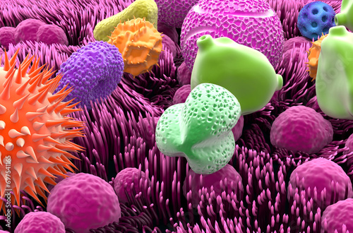 Multiple types of pollen grains in the trachea - closeup view 3d illustration photo