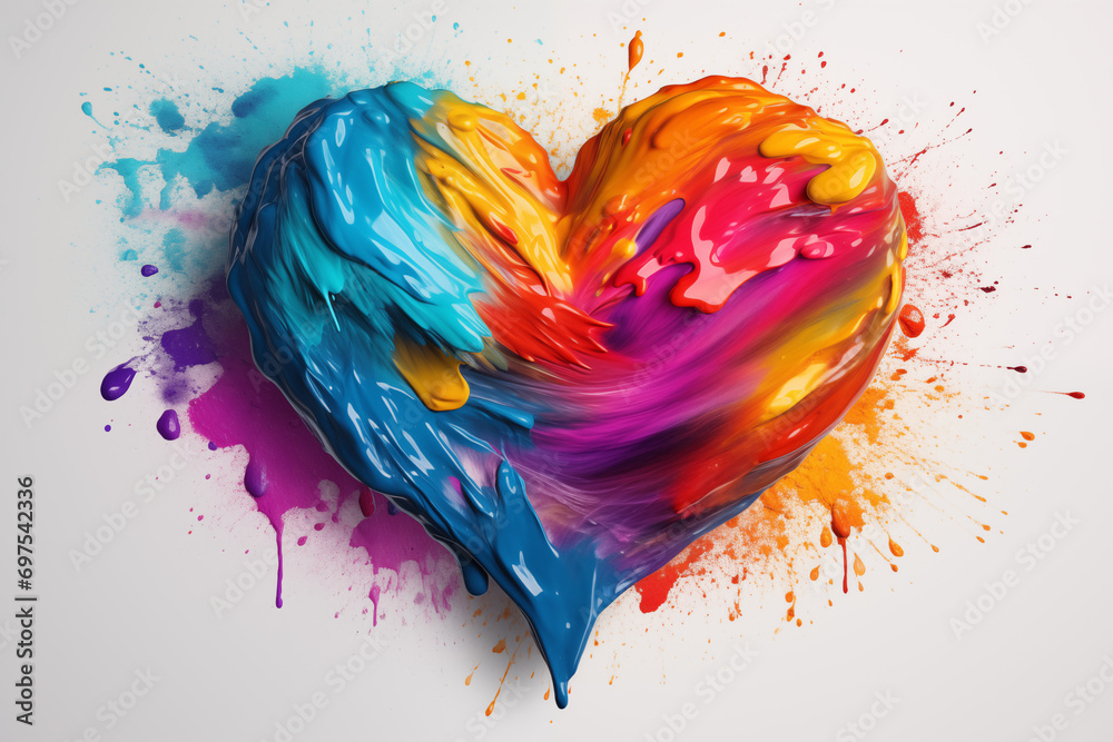 An abstract artistic heart composed of vibrant paint splashes in blue, orange, and pink hues, symbolizing creativity and love. - obrazy, fototapety, plakaty 