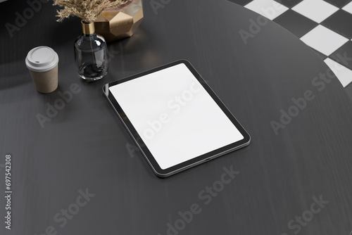 Blank tablet device mockup on the table (ID: 697542308)