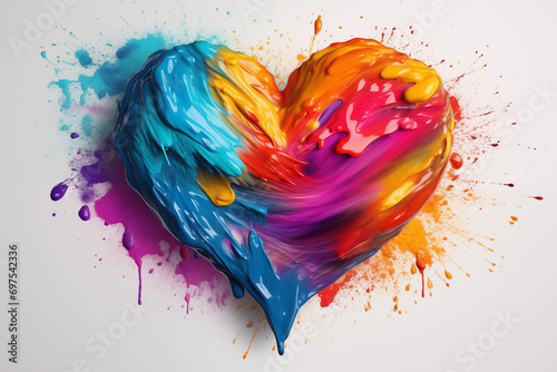 An abstract artistic heart composed of vibrant paint splashes in blue, orange, and pink hues, symbolizing creativity and love.