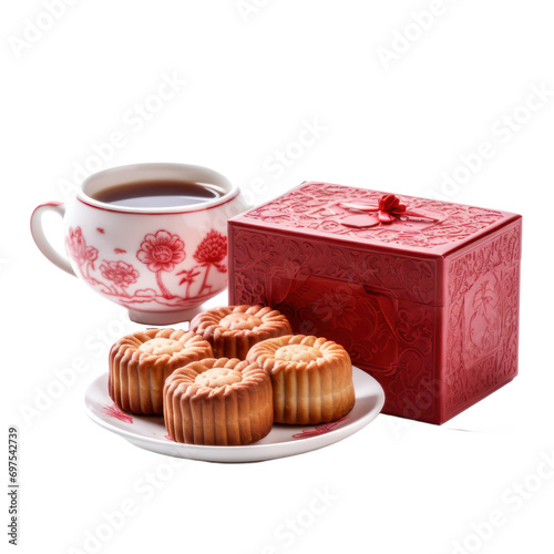 mooncake with cup of tea as a giftset for chinese new year isolated on white or transparent background  photo