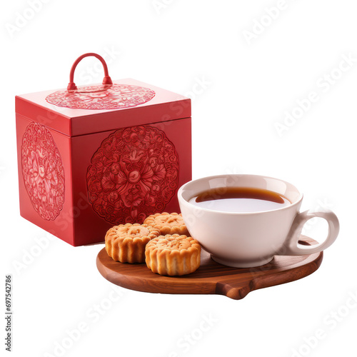 mooncake with cup of tea as a giftset for chinese new year isolated on white or transparent background  photo