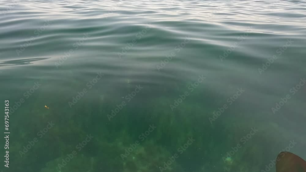 Sea water surface background. Low angle view from kayak, camera flies over the clear green sea water. Nobody. Holiday recreation concept. Abstract nautical summer ocean nature. Slow motion. Sea water surface background. Low angle view from kayak, camera flies over the clear green sea water. Nobody. Holiday recreation concept. Abstract nautical summer ocean nature. Slow motion.