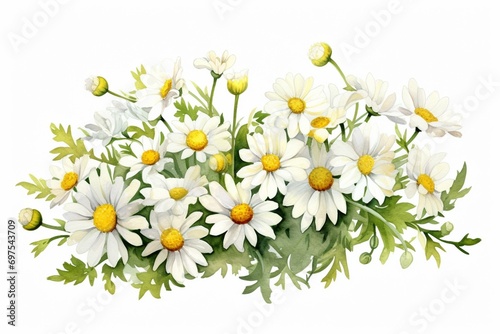 Illustration of delicate chamomile flowers in soothing watercolor. Generative AI