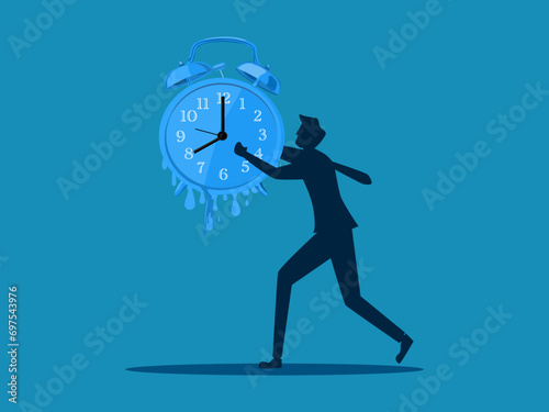 Business deteriorates over time. man holding a melting watch. vector illustration