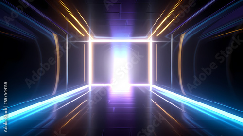 Metallic glowing tunnel, neon lights and perspective, abstract tech futuristic background, PPT background