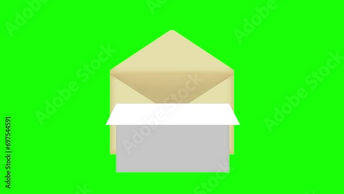 4K animation of opening an envelope and opening the paper inside ( green background for chroma key )