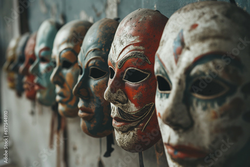 Row of Antique Drama Masks, Ideal for Historical and Theatrical Concepts