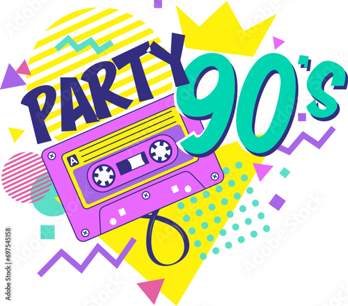90s disco party poster. Nineties music hits, 90s dance night invitation and set of retro stereo tape style vector illustrations. Stereo poster and flyer 90s, dance music trend