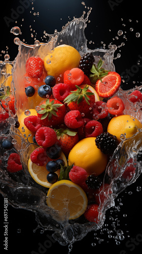 fruit in splash on a black background