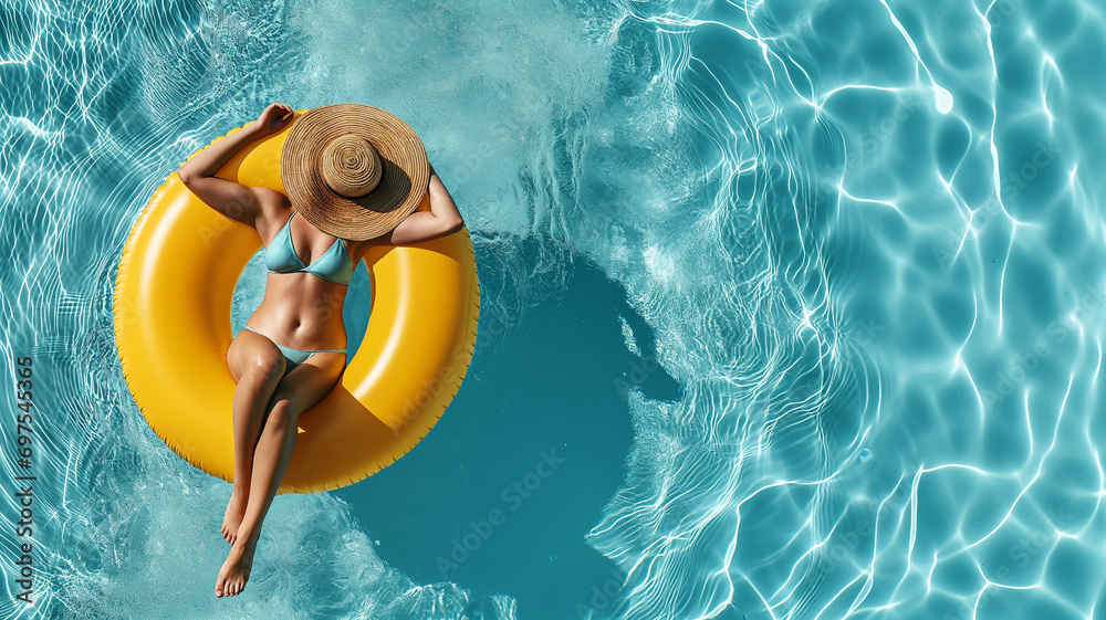 Woman in bikini Relaxing on Inflatable Ring in Pool