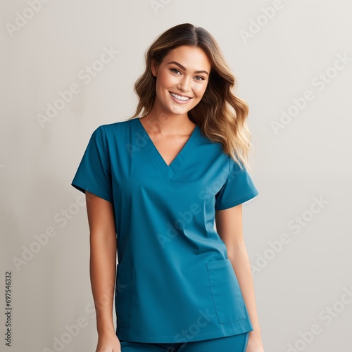 Young attractive woman smiling wearing dark green teal medical scrubs garment attire on plain background