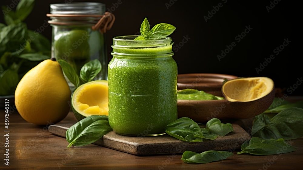 Fototapeta premium fresh avocado juice in a jar with mint leaves on top