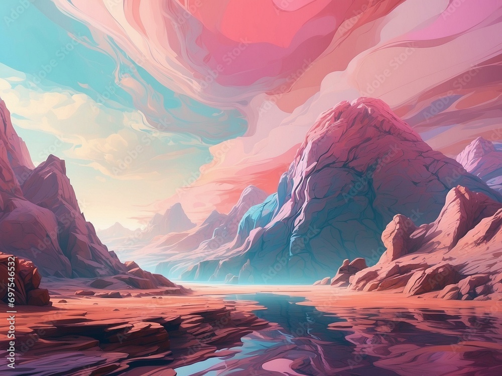 An otherworldly landscape characterized by shifting colors. Experiment with hues and tones to convey a surreal and dynamic atmosphere.
