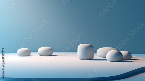 Blue background for presentations with podium and masonry round stones in soothing color scheme